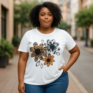 LAT Women's White T-Shirt With a Charming Daisy Design Plus Size 2XL